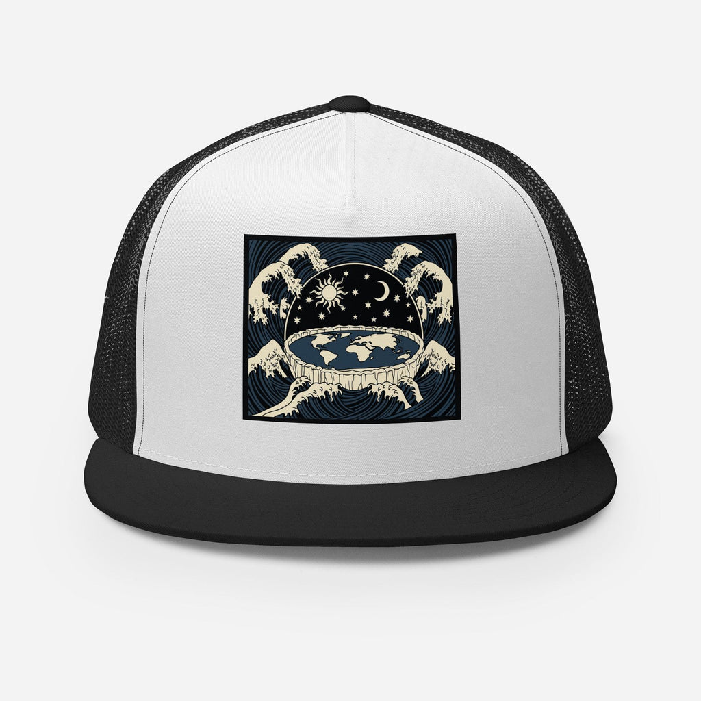 Flat earth trucker cap showing dome firmament with celestial waters, sun moon stars, vintage woodcut style graphic on black snapback hat