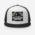Flat earth trucker cap showing dome firmament with celestial waters, sun moon stars, vintage woodcut style graphic on black snapback hat