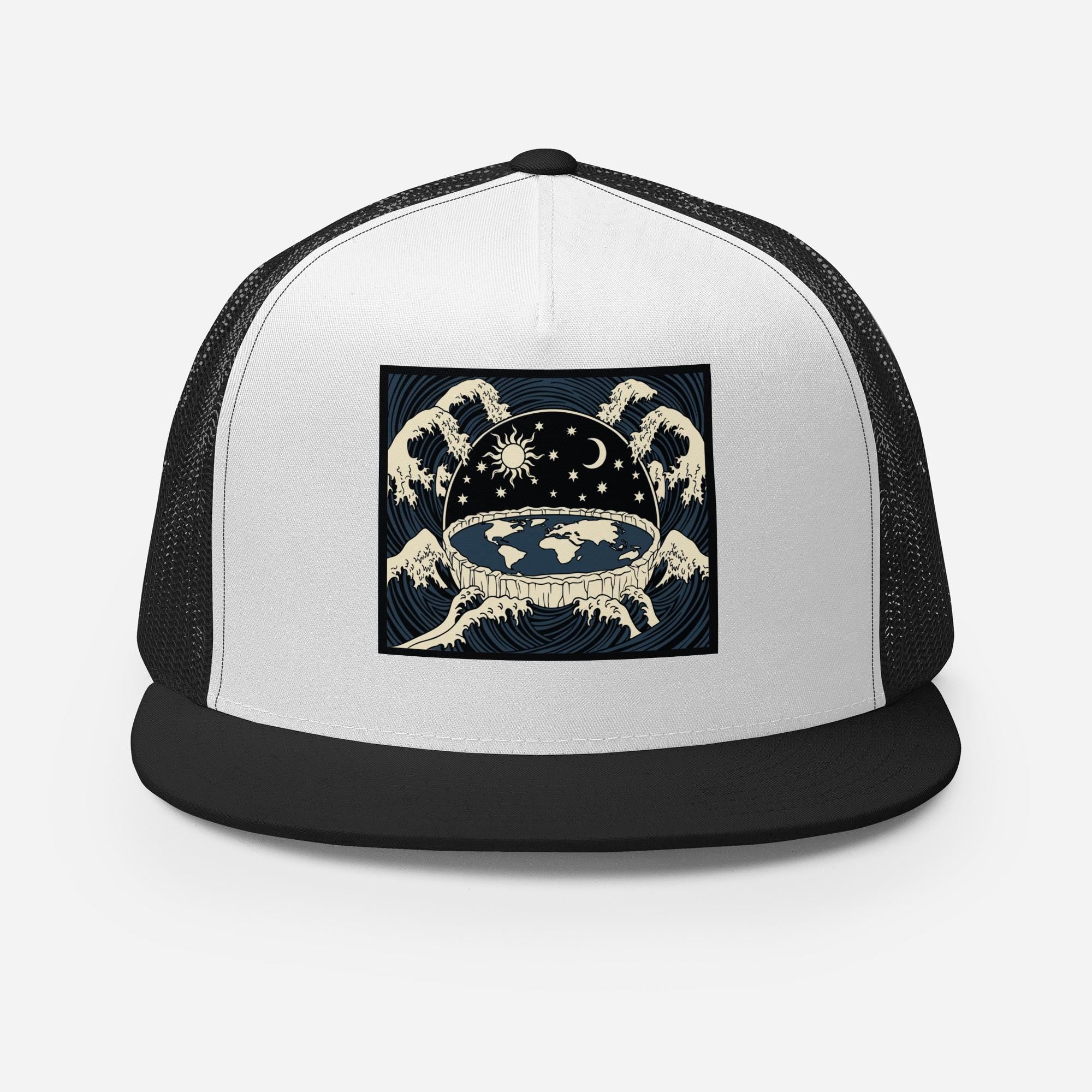Flat earth trucker cap showing dome firmament with celestial waters, sun moon stars, vintage woodcut style graphic on black snapback hat