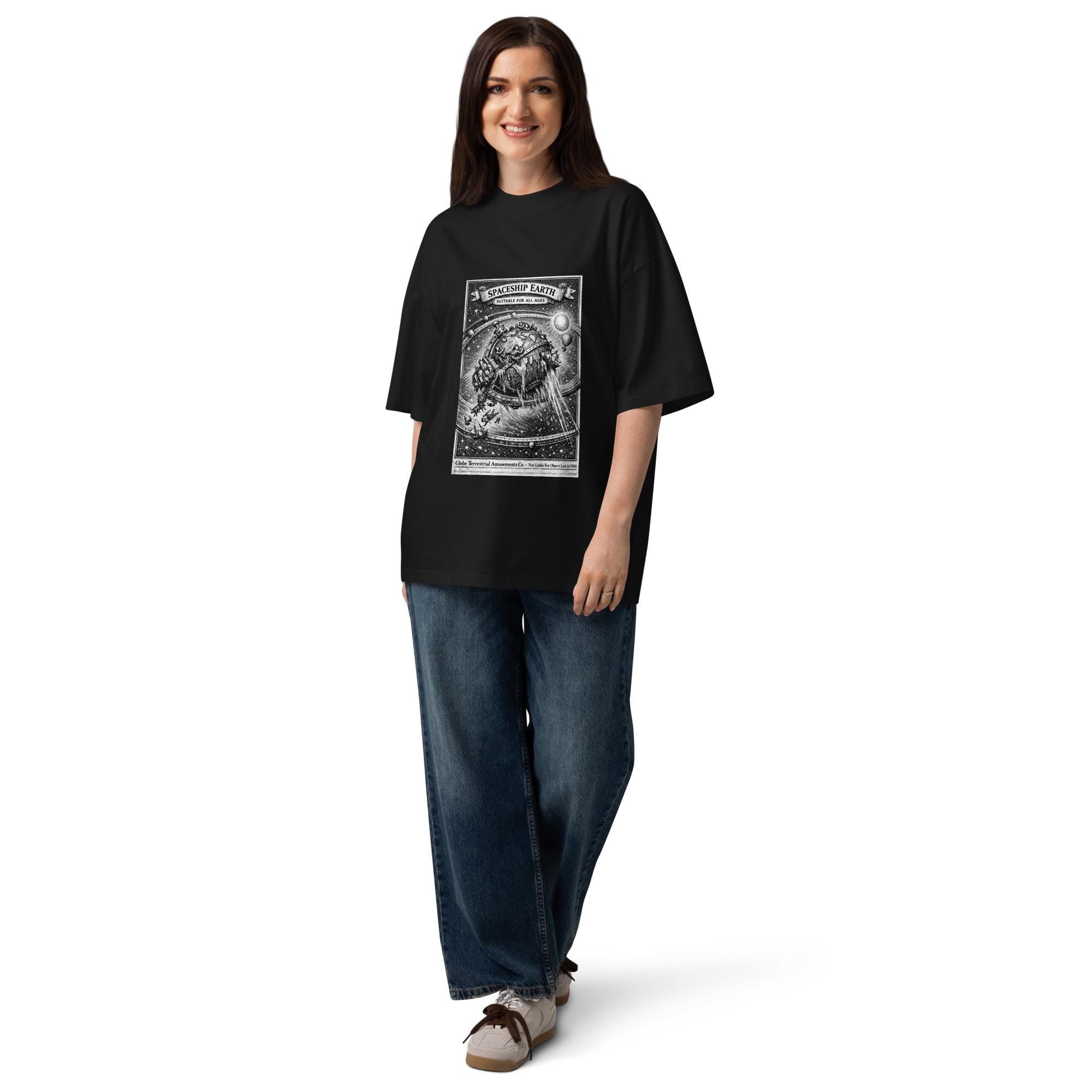 Flat earth oversized tee with vintage engraving showing globe earth on gyroscope ride, water falling off edges, conspiracy shirt