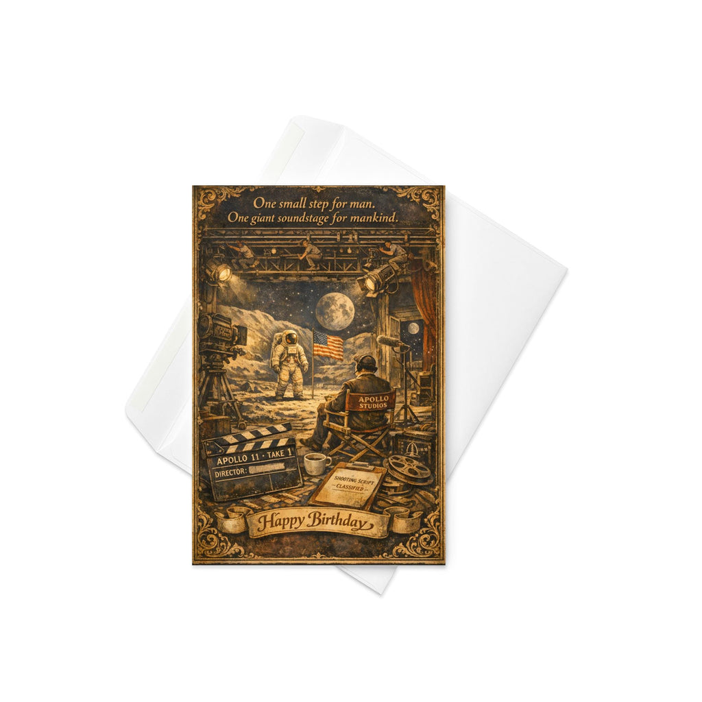 Moon Landing Hoax Birthday Card – Apollo Studios Conspiracy Vintage Illustrated