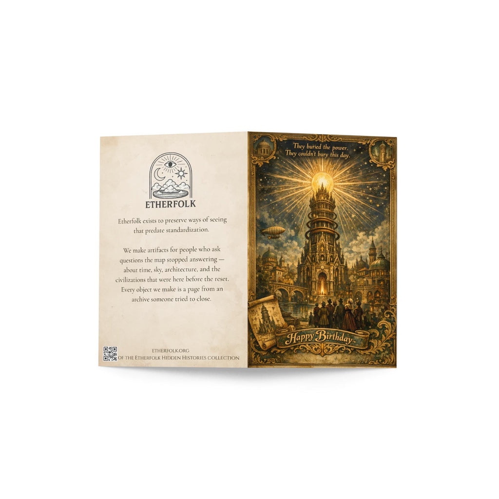 Ether Tower Birthday Card – Tartarian Free Energy Vintage Illustration