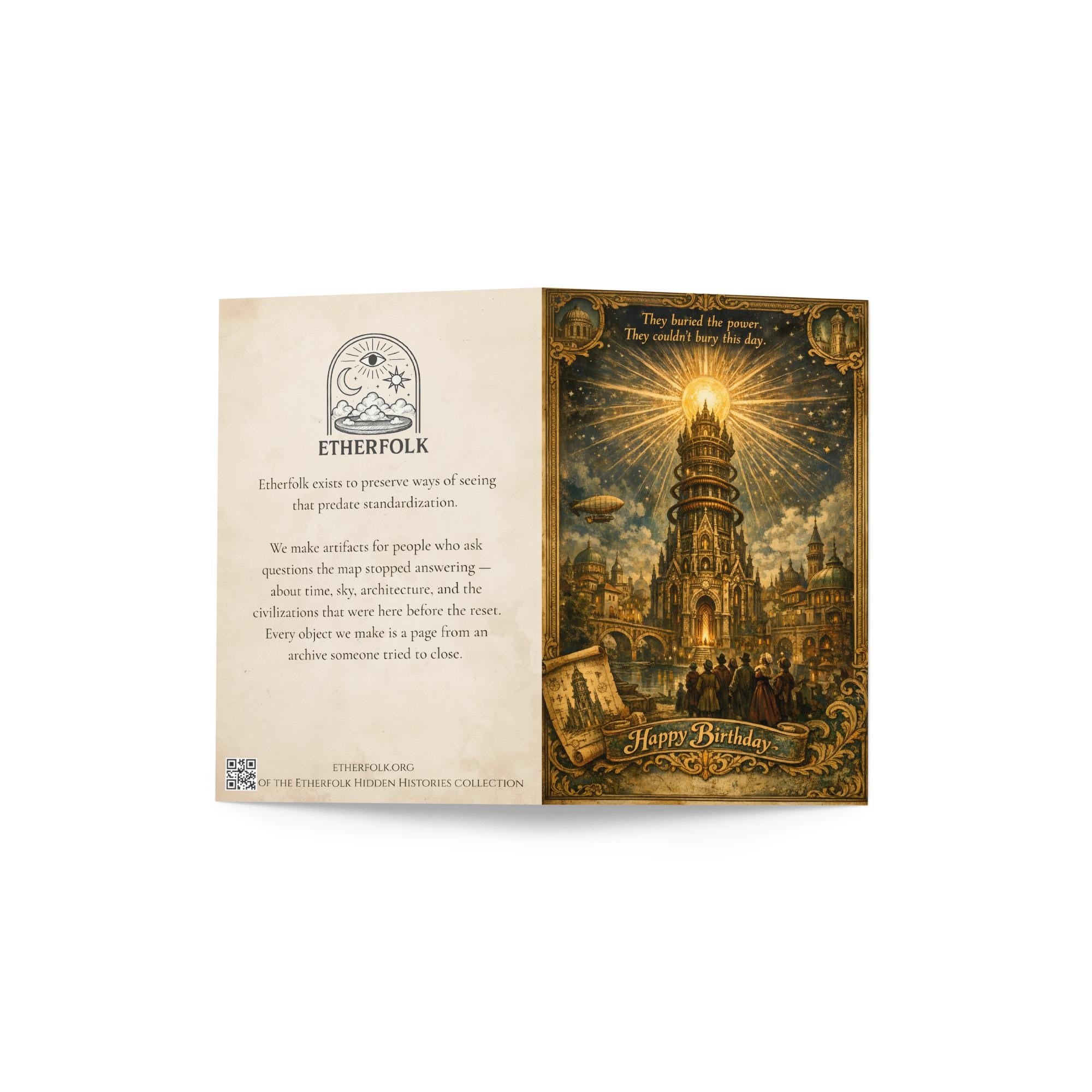 Ether Tower Birthday Card – Tartarian Free Energy Vintage Illustration