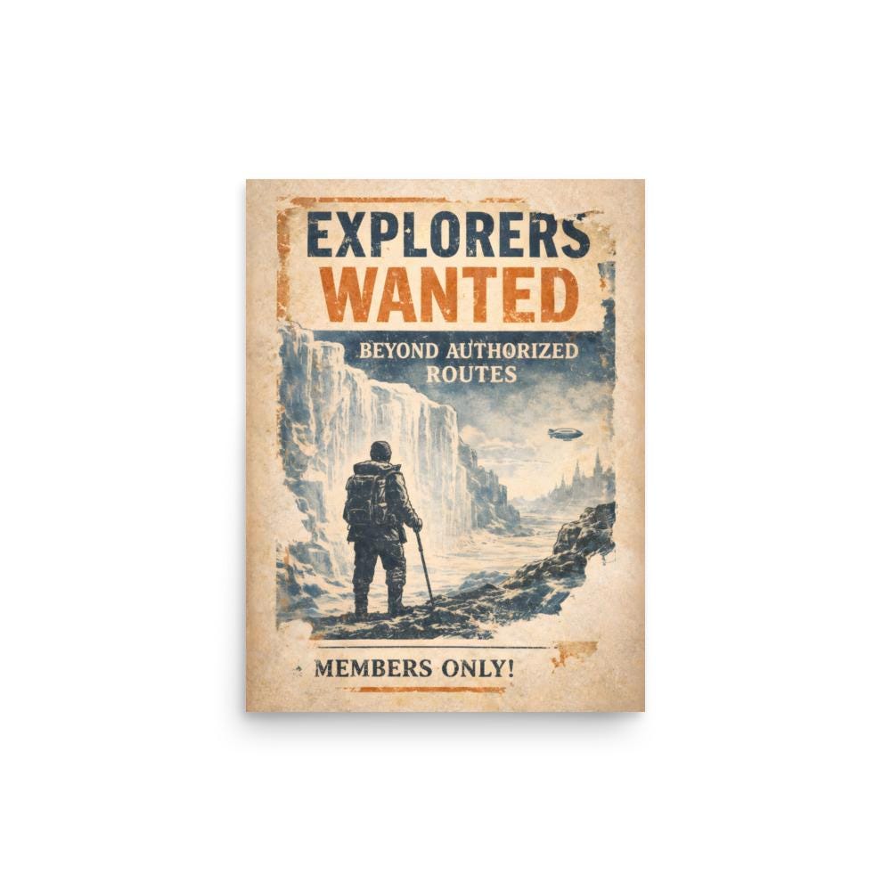 Vintage propaganda-style poster showing explorer before ice wall barrier with airship overhead, flat earth expedition recruitment