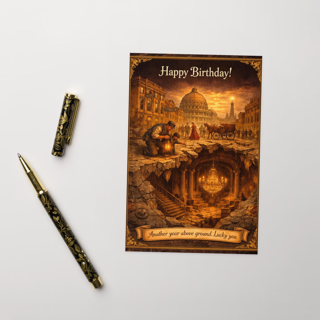 Vintage illustration of Tartarian city street split open revealing buried grand hall with chandelier, mud flood birthday card