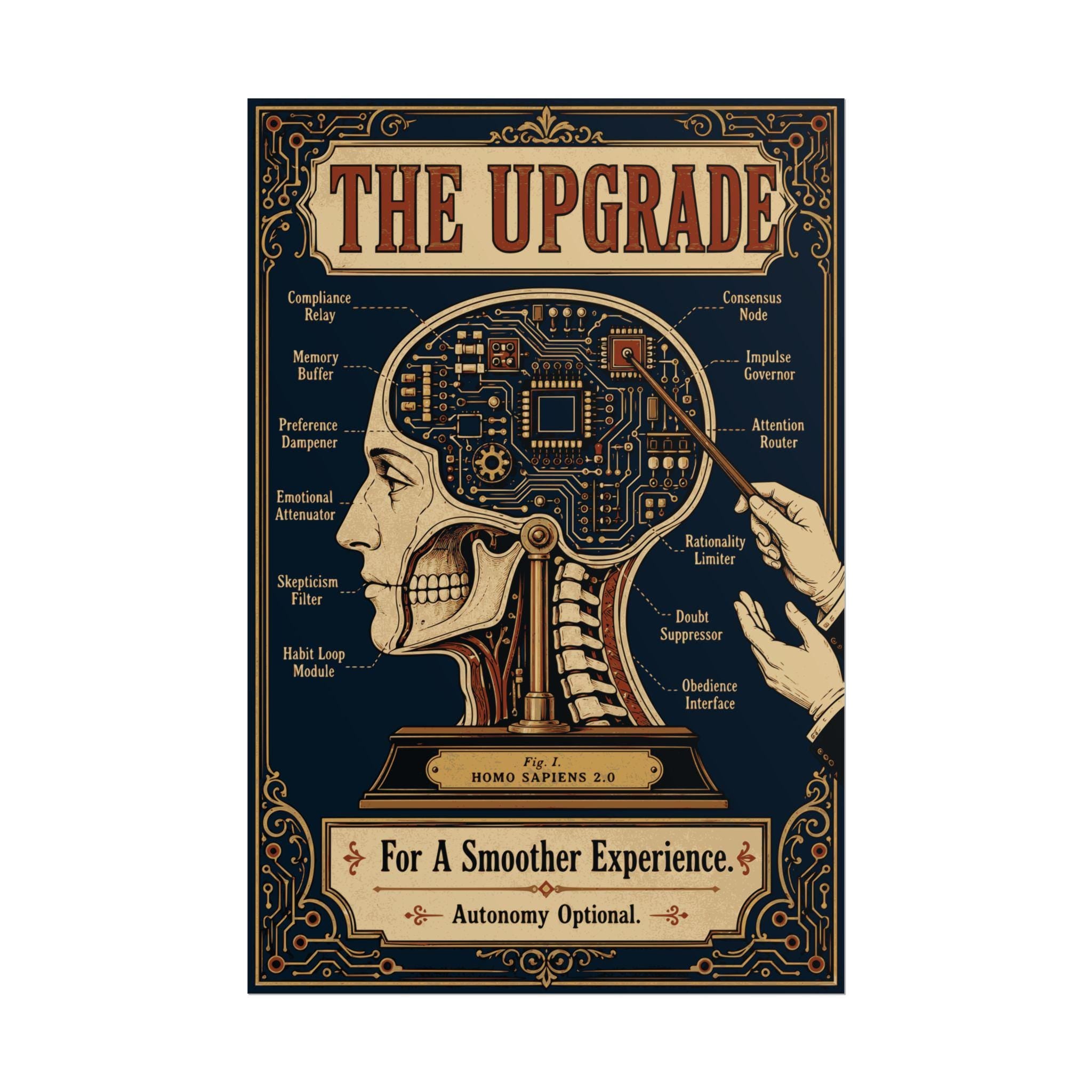 Victorian anatomical poster showing human head cross-section with circuit board brain labeled compliance relay propaganda
