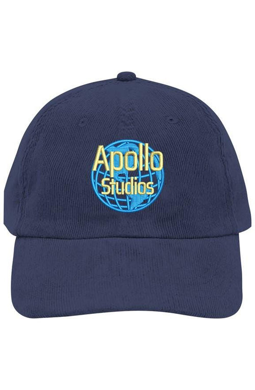 Retro corduroy hat with vintage Apollo Studios globe logo commemorating the 1969 moon landing hoax soundstage operation