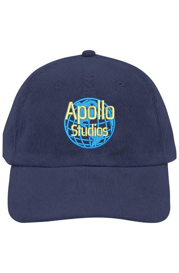 Retro corduroy hat with vintage Apollo Studios globe logo commemorating the 1969 moon landing hoax soundstage operation