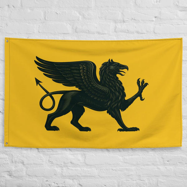 Tartarian griffin flag with symbolic old-world design, historical emblem representing suppressed civilization and forbidden knowledge