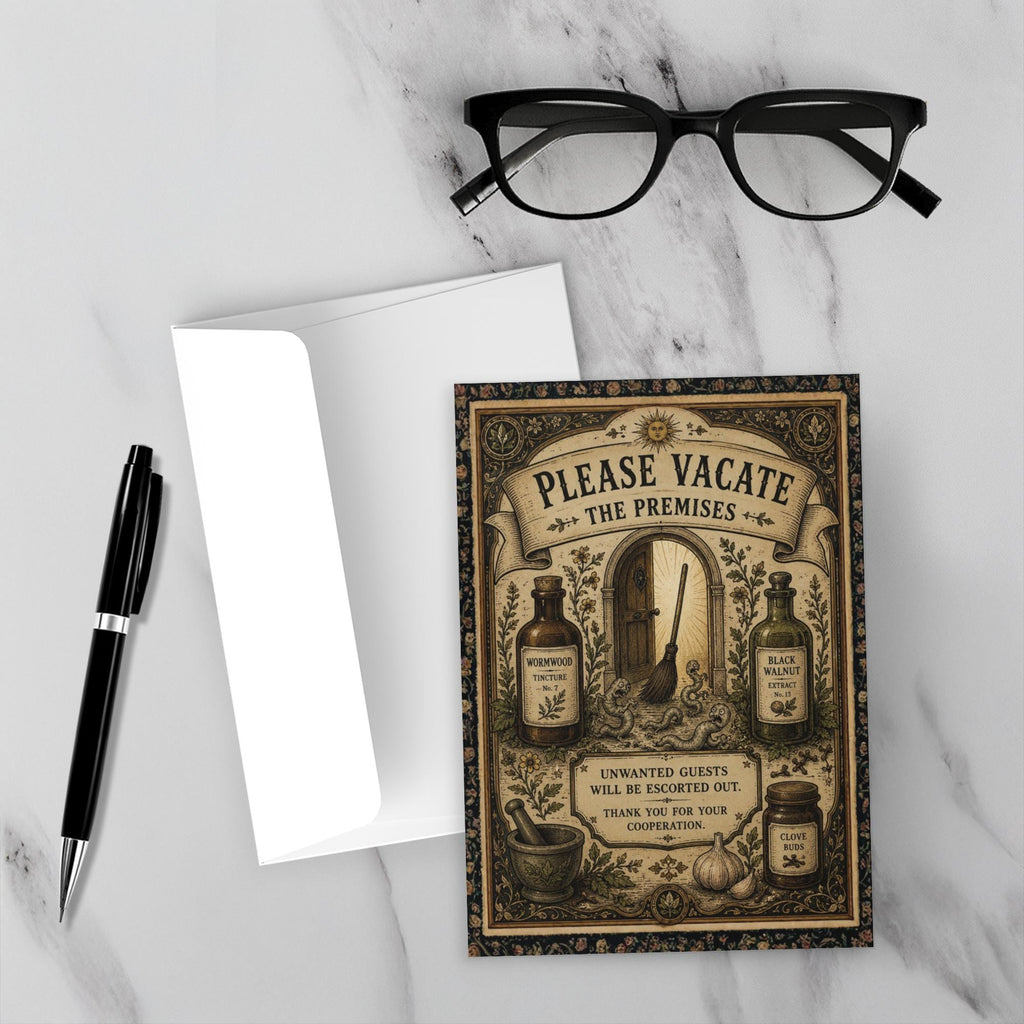 Victorian apothecary greeting card with herbal tinctures, wormwood bottles, and parasites being escorted out through doorway
