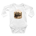 Vintage stork conductor on steam locomotive carrying swaddled babies through golden countryside at dusk — orphan train nursery art bodysuit