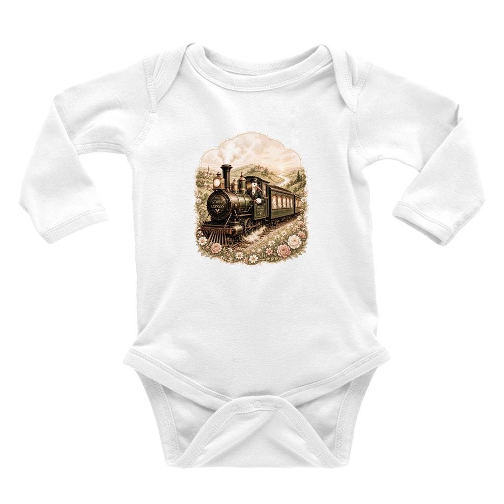 Vintage stork conductor on steam locomotive carrying swaddled babies through golden countryside at dusk — orphan train nursery art bodysuit