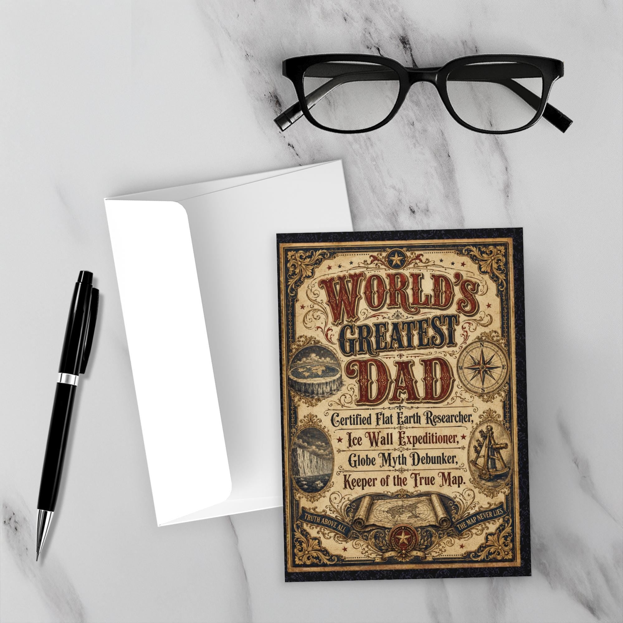 Vintage Victorian broadside style Father's Day card certifying World's Greatest Flat Earth Dad with ornate typography
