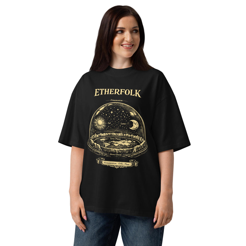 Black oversized organic t-shirt with gold vintage engraving of flat earth firmament dome, celestial vault, sun and moon orbits