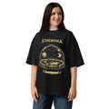 Black oversized organic t-shirt with gold vintage engraving of flat earth firmament dome, celestial vault, sun and moon orbits