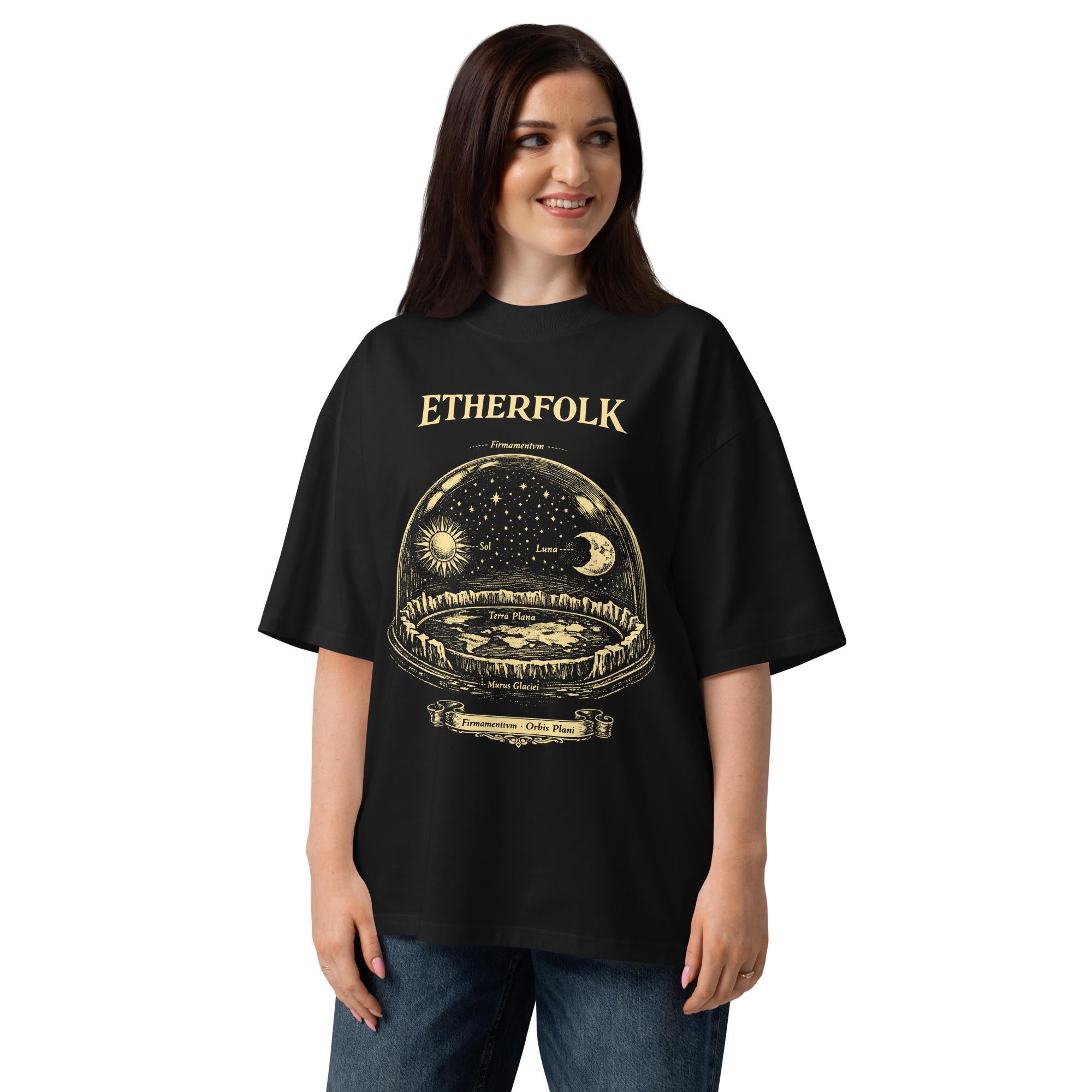 Black oversized organic t-shirt with gold vintage engraving of flat earth firmament dome, celestial vault, sun and moon orbits