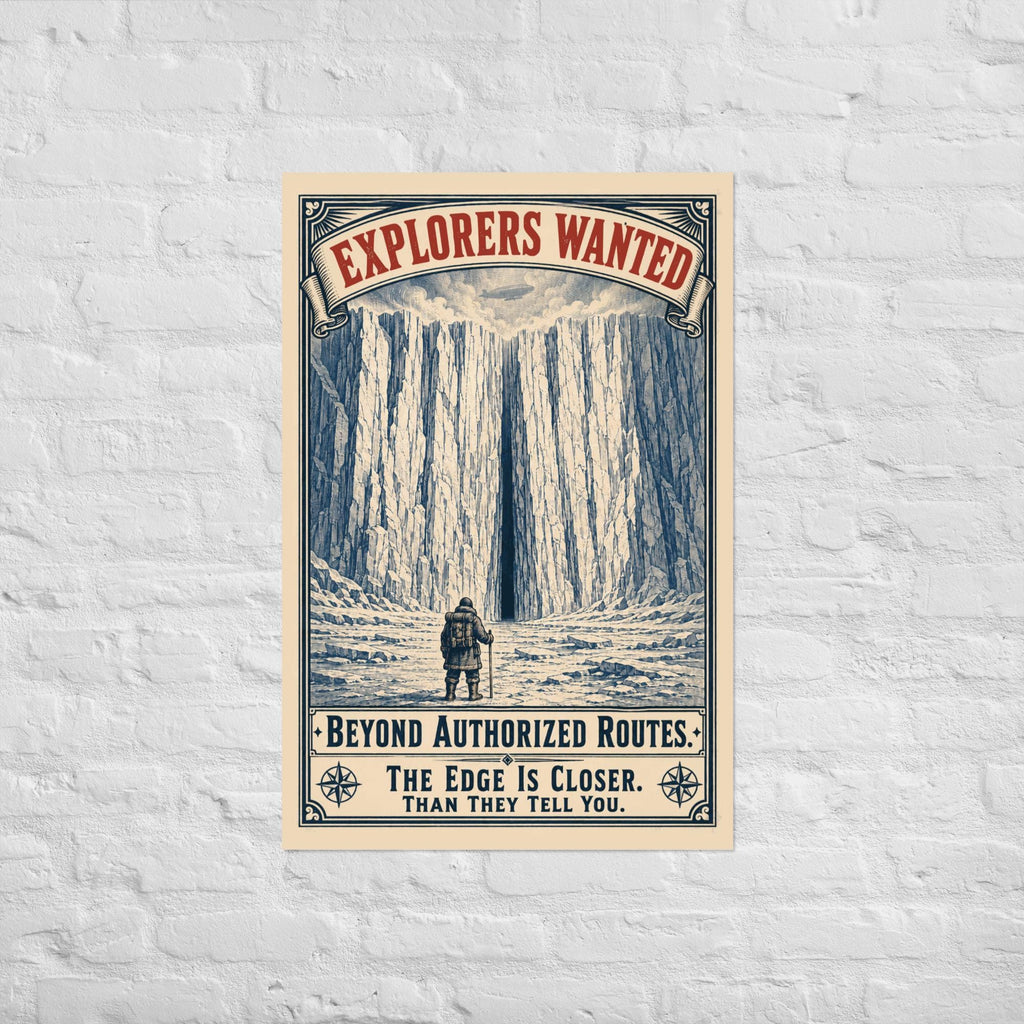 Victorian-style engraving poster showing explorer at ice wall passage with airship, flat earth Antarctic boundary expedition print