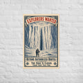 Victorian-style engraving poster showing explorer at ice wall passage with airship, flat earth Antarctic boundary expedition print