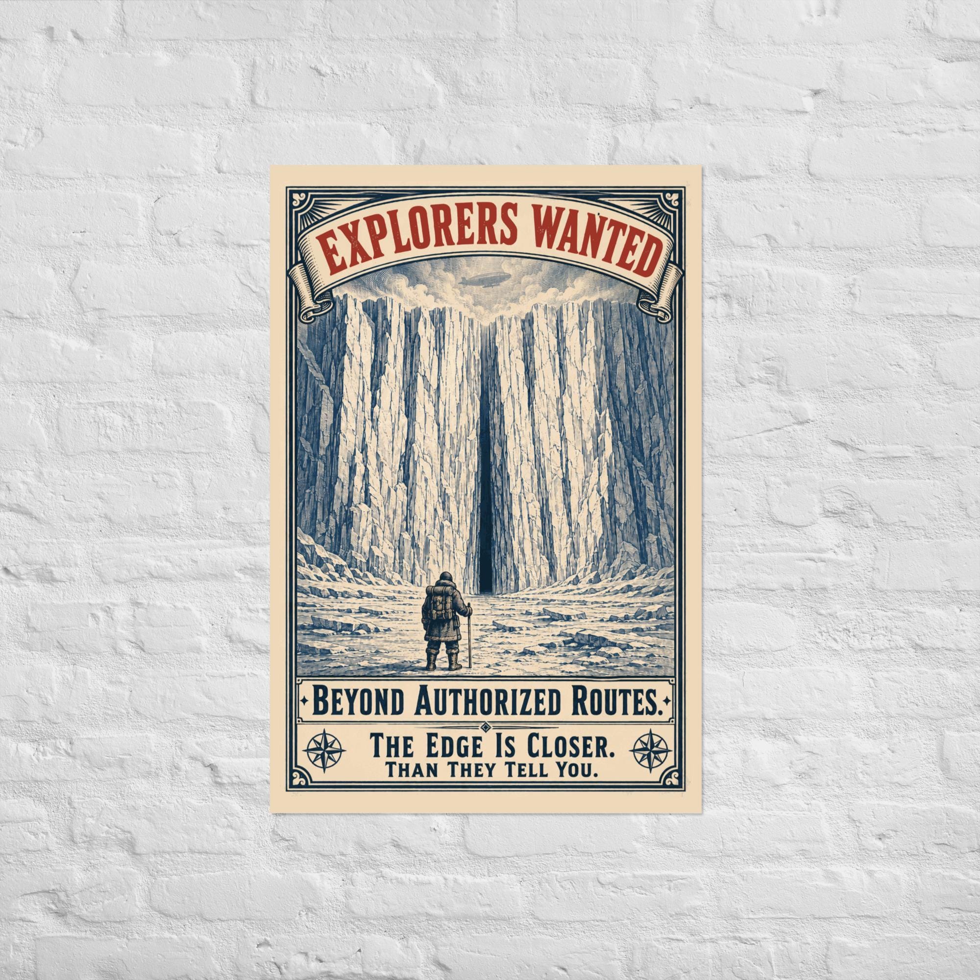 Victorian-style engraving poster showing explorer at ice wall passage with airship, flat earth Antarctic boundary expedition print