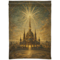 Tartarian tower tapestry with golden etheric energy beams on flat Earth map, Old World free energy architecture wall decor