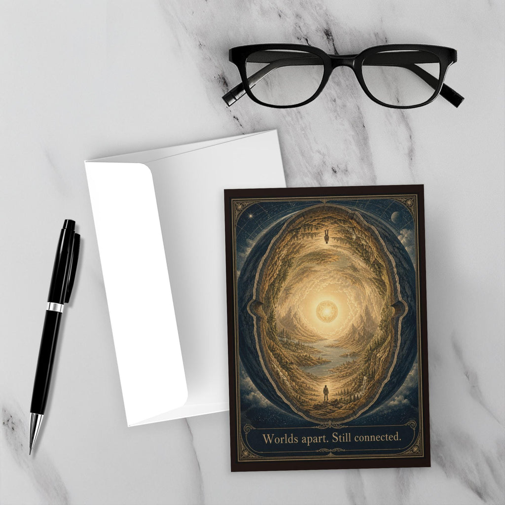 Hollow earth greeting card with two silhouetted figures facing each other across luminous inner world, blank inside with envelope