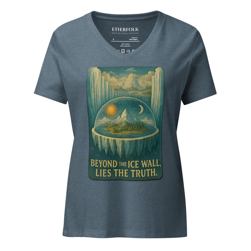 Flat Earth V-neck shirt showing firmament dome, ice wall boundary, and enclosed cosmology diagram on heather fabric
