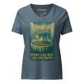 Flat Earth V-neck shirt showing firmament dome, ice wall boundary, and enclosed cosmology diagram on heather fabric