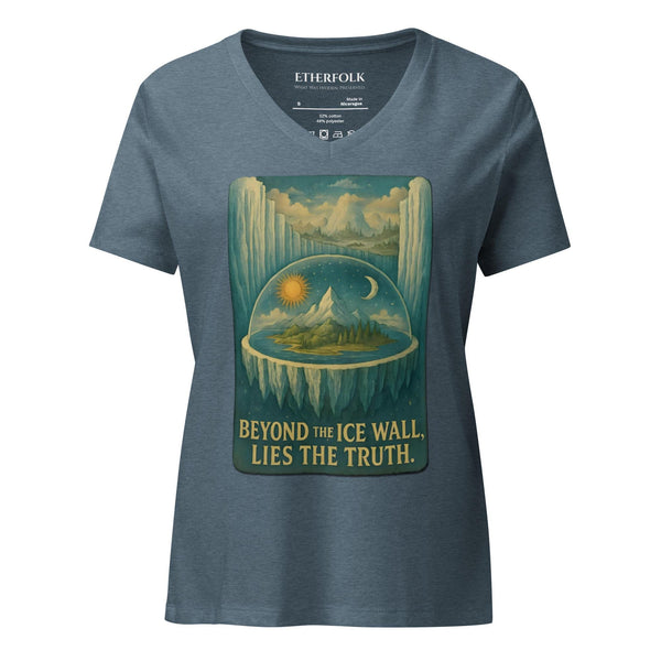 Flat Earth V-neck shirt showing firmament dome, ice wall boundary, and enclosed cosmology diagram on heather fabric