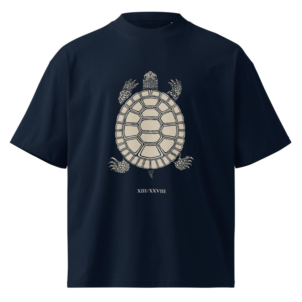 Oversized organic cotton t-shirt with turtle shell cosmic calendar design showing 13 moons and 28 day lunar cycle