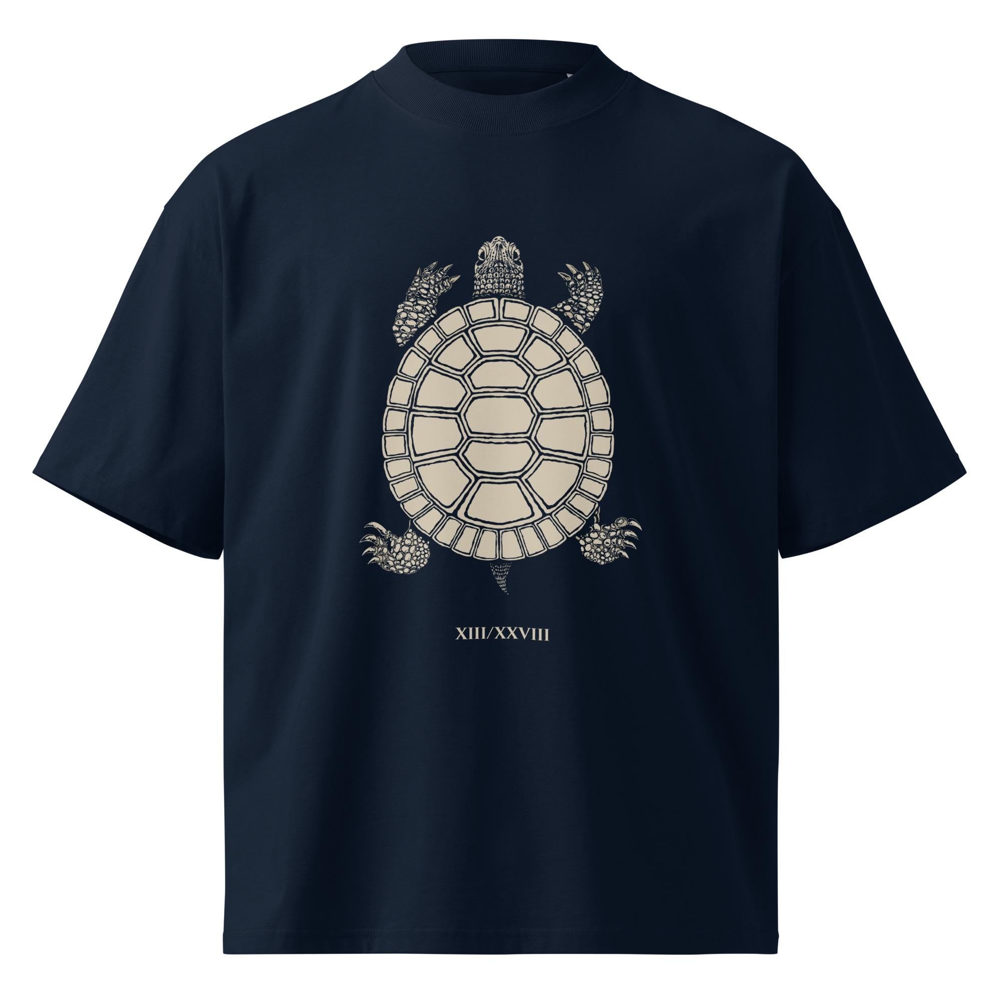 Oversized organic cotton t-shirt with turtle shell cosmic calendar design showing 13 moons and 28 day lunar cycle