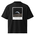 Black oversized organic cotton tee with Shot on Earthset moon landing parody graphic, space hoax statement shirt