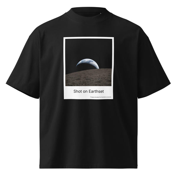 Black oversized organic cotton tee with Shot on Earthset moon landing parody graphic, space hoax statement shirt