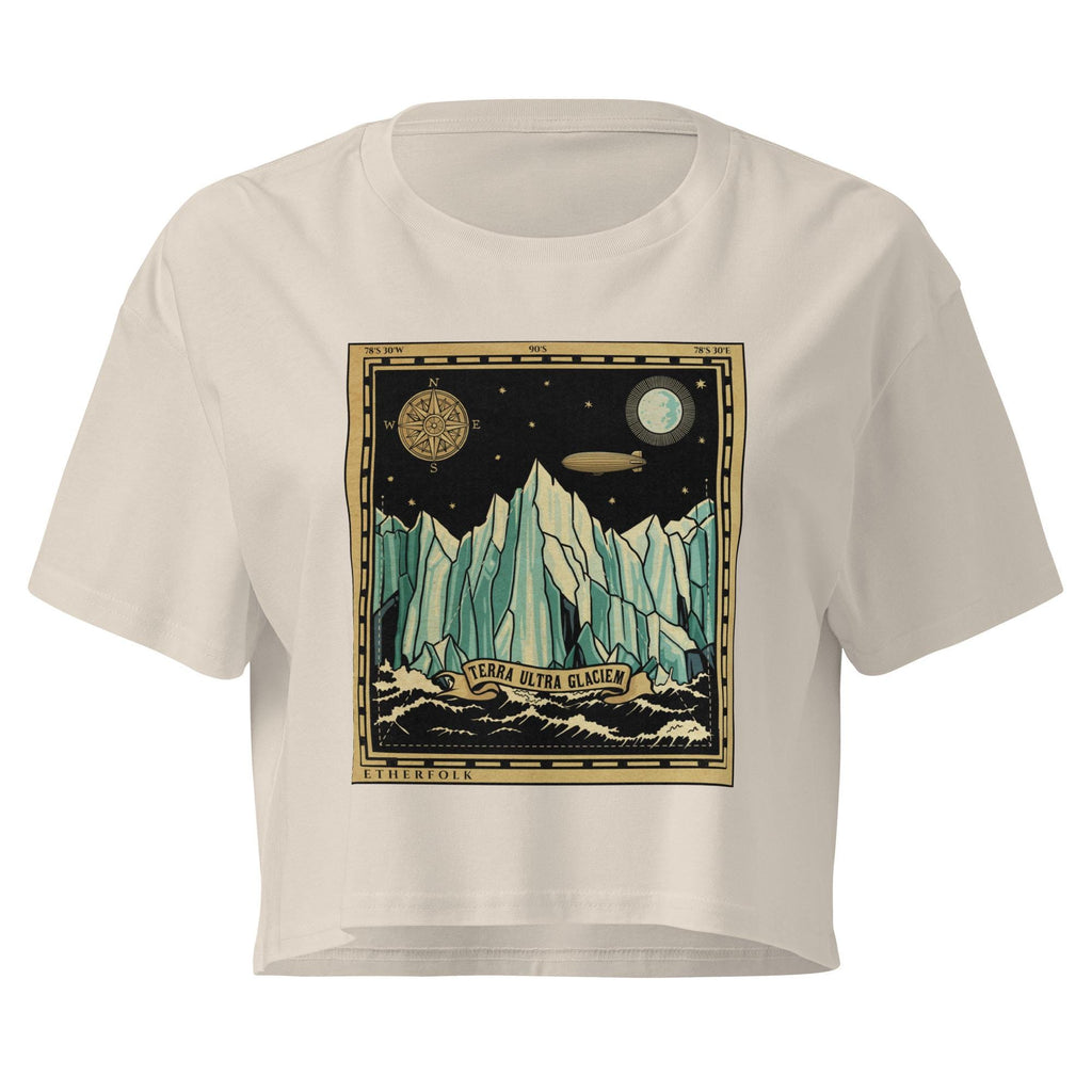Vintage expedition map crop top showing Tartarian airship approaching flat earth ice wall with compass rose and nautical coordinates