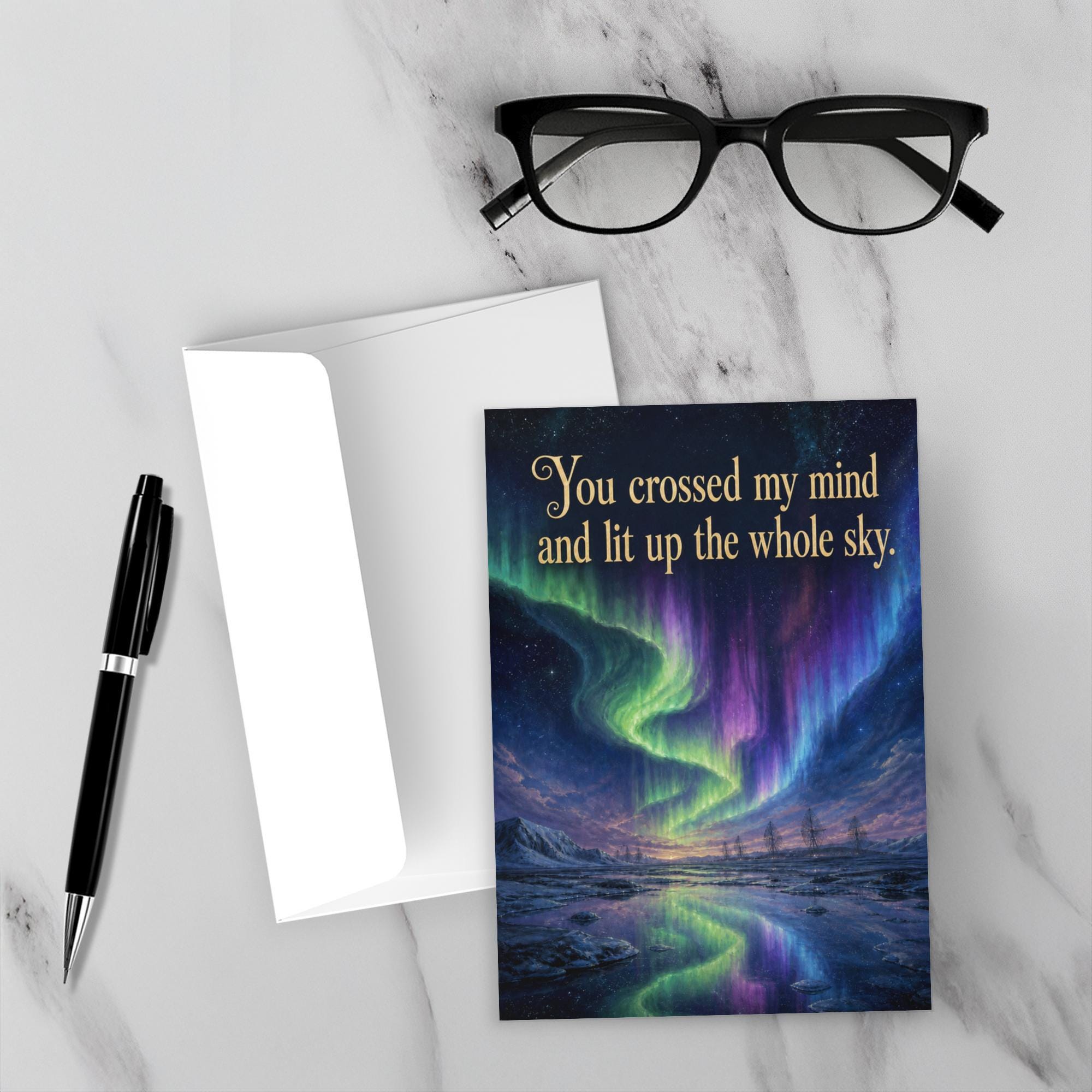 Aurora borealis greeting card with green violet blue northern lights over frozen landscape, romantic frequency wavelength theme