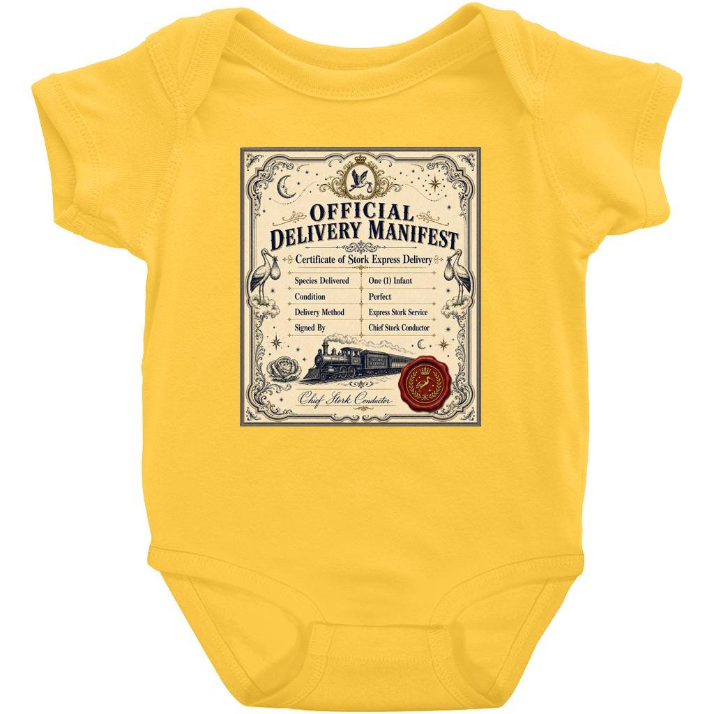 Vintage delivery manifest baby bodysuit with ornate certificate design, stork and railway motifs, newborn size cotton onesie
