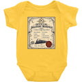 Vintage delivery manifest baby bodysuit with ornate certificate design, stork and railway motifs, newborn size cotton onesie