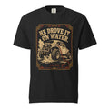 Stanley Meyer water fuel cell tribute t-shirt with vintage woodcut buggy design, conspiracy theory apparel, suppressed technology
