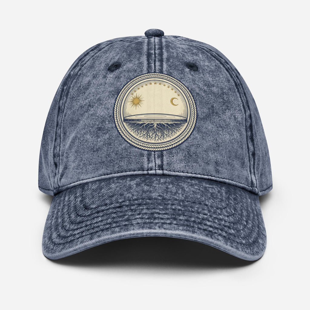 Vintage dad hat with woodcut flat earth firmament design showing stationary earth, sun and moon under protective dome