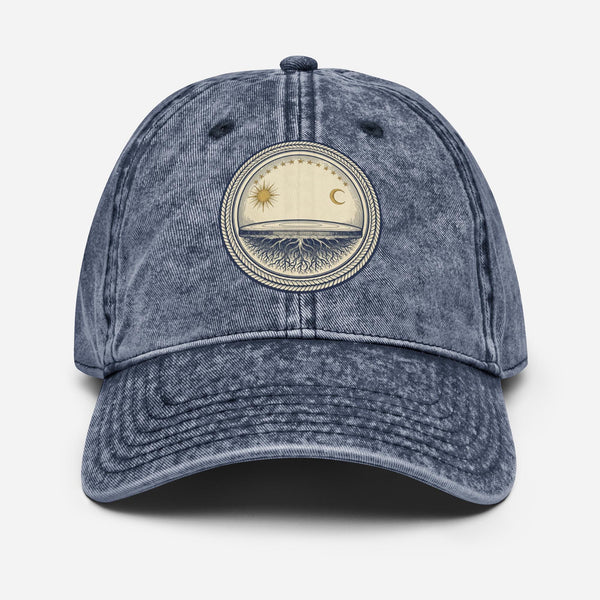 Vintage dad hat with woodcut flat earth firmament design showing stationary earth, sun and moon under protective dome