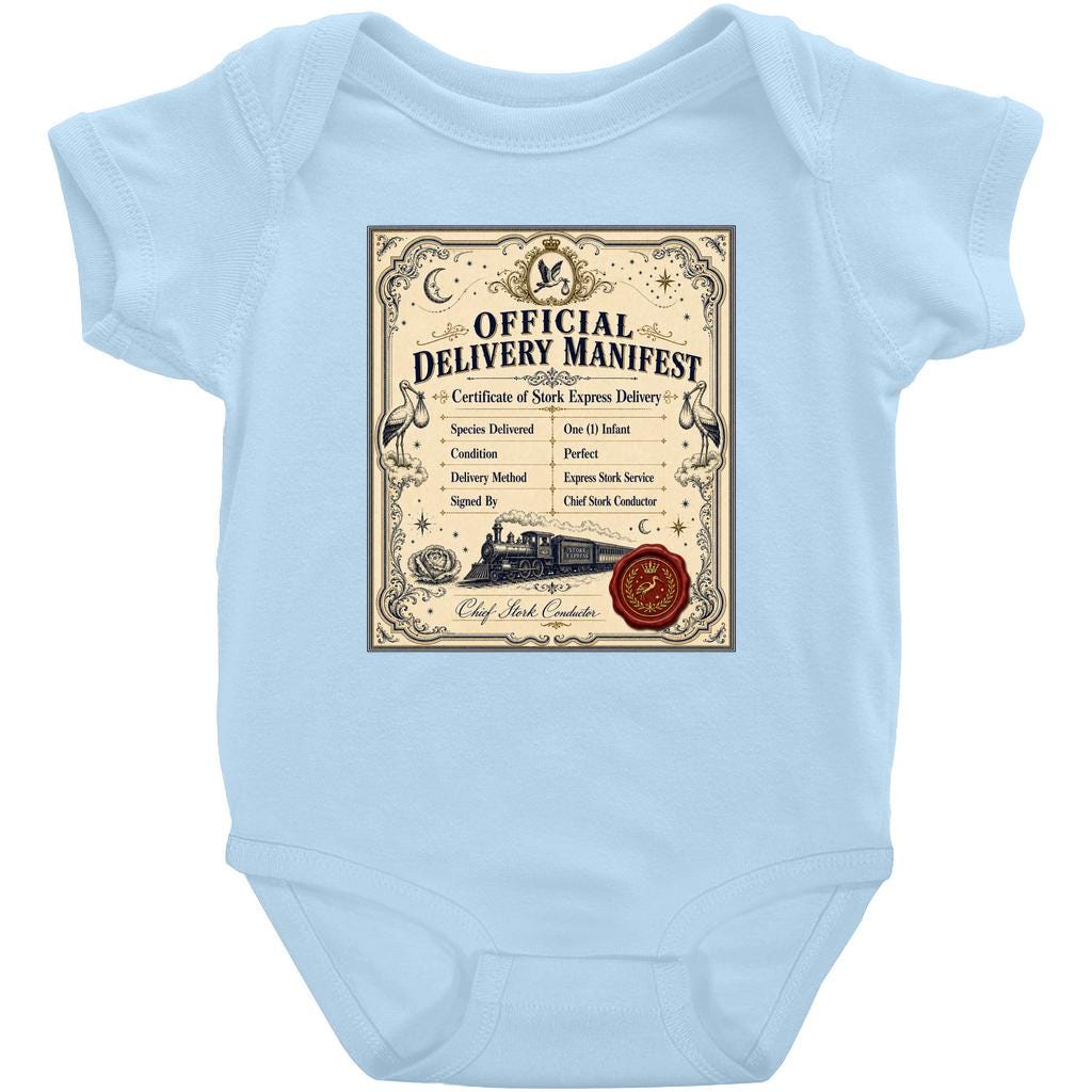 Officially Here Baby Bodysuit: The Delivery Manifest, Vintage Certificate Newborn Onesie