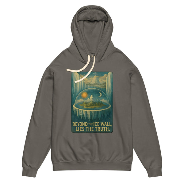 Flat earth ice wall hoodie showing firmament dome and enclosed world map, garment-dyed lightweight cotton