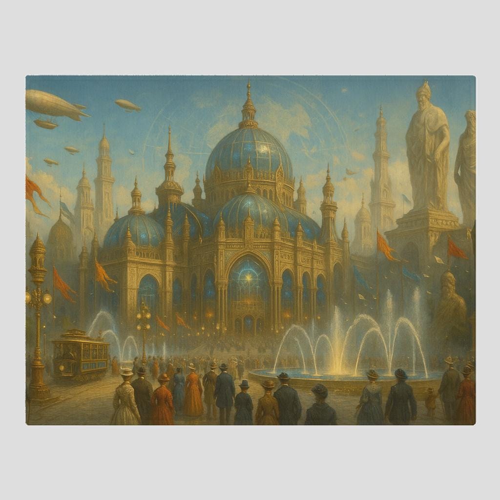 Tartarian architecture placemat showing ornate domes, spires, fountains and airships from lost Old World civilization