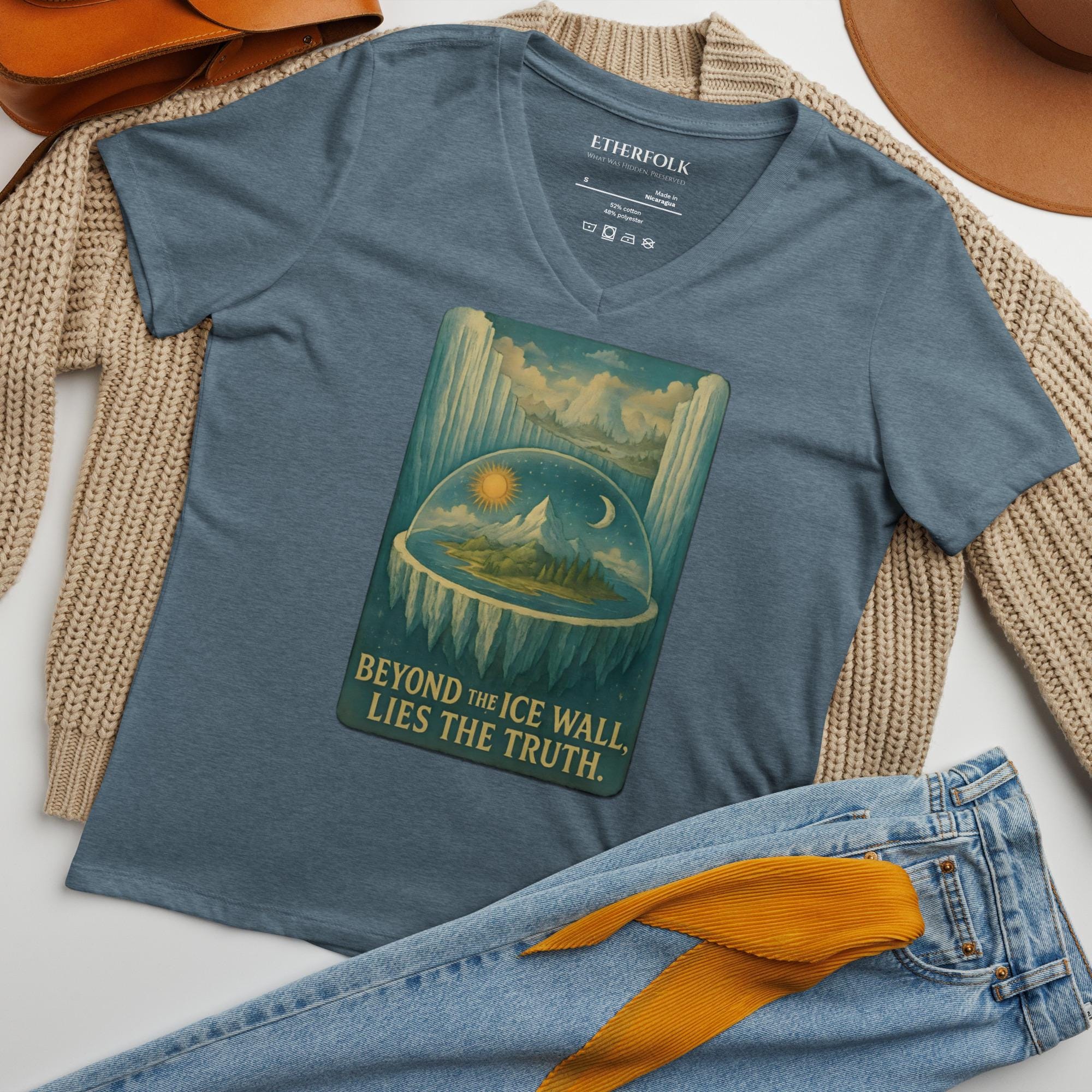Flat Earth V-Neck T-Shirt | Beyond the Ice Wall Firmament Dome Graphic