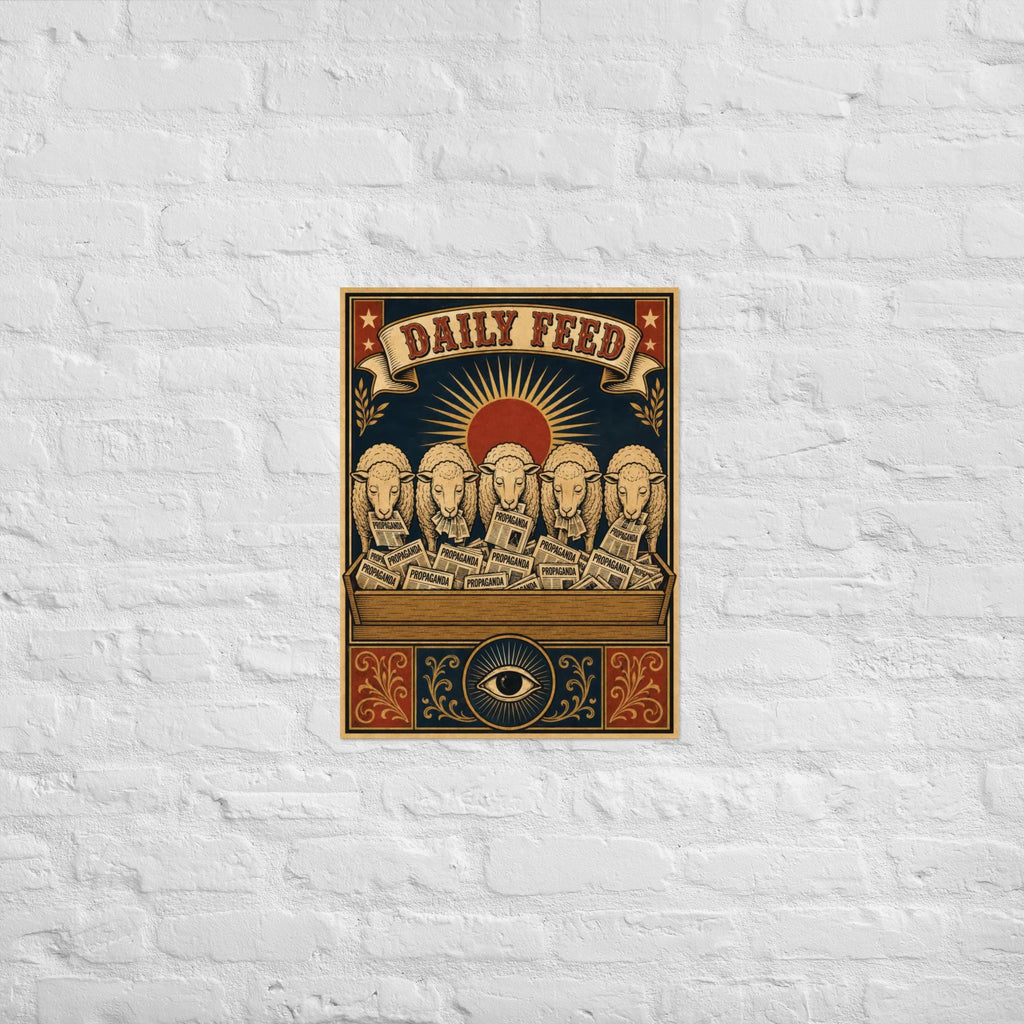 Vintage woodcut style propaganda poster showing sheep eating newspapers from feeding trough with all-seeing eye