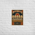 Vintage woodcut style propaganda poster showing sheep eating newspapers from feeding trough with all-seeing eye