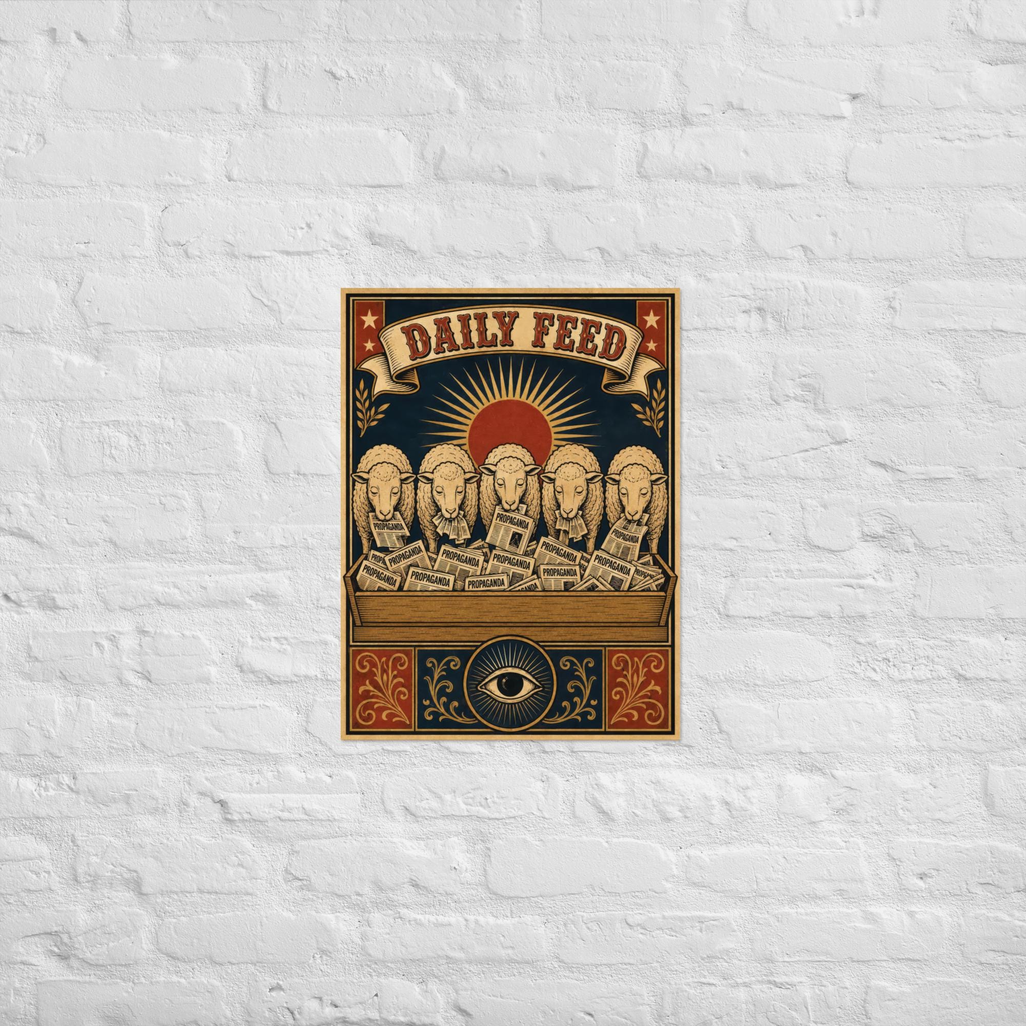 Vintage woodcut style propaganda poster showing sheep eating newspapers from feeding trough with all-seeing eye
