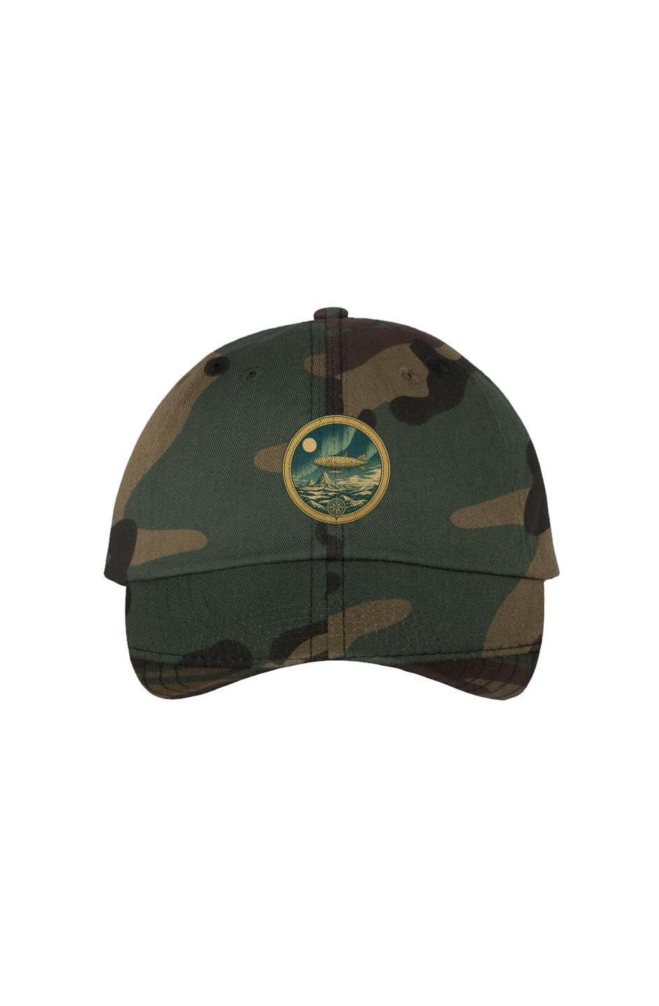 Vintage airship over Antarctic ice wall embroidered on black bio-washed dad hat, flat earth explorer design