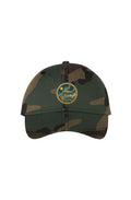 Vintage airship over Antarctic ice wall embroidered on black bio-washed dad hat, flat earth explorer design
