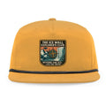 Ice Wall Explorer's Club snapback hat with embroidered patch showing ice wall, compass rose, airship, Tartarian skyline