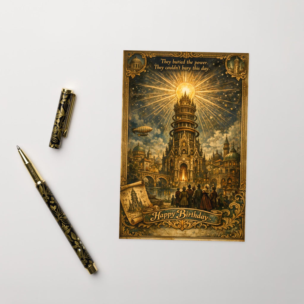 Ether Tower Birthday Card – Tartarian Free Energy Vintage Illustration